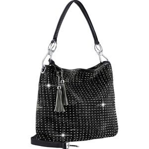 SALE Black Denim Rhinestone Bling Studs Pleated Hobo Handbag Purse